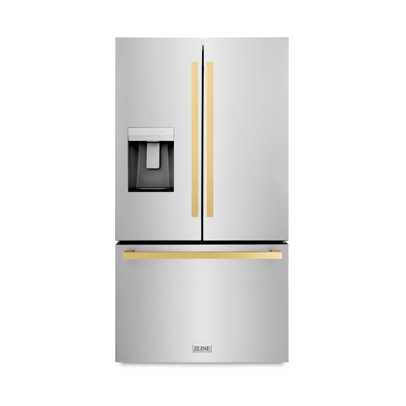 ZLINE Autograph Edition 36 in. 28.9 cu. ft. Standard-Depth French Door External Water Dispenser Refrigerator with Dual Ice Maker in Fingerprint Resistant Stainless Steel and Polished Gold Modern Handles (RSMZ-W-36-FG)