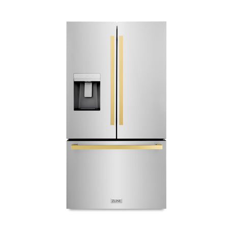 ZLINE Autograph Edition 36 in. 28.9 cu. ft. Standard-Depth French Door External Water Dispenser Refrigerator with Dual Ice Maker in Fingerprint Resistant Stainless Steel and Polished Gold Modern Handles (RSMZ-W-36-FG)