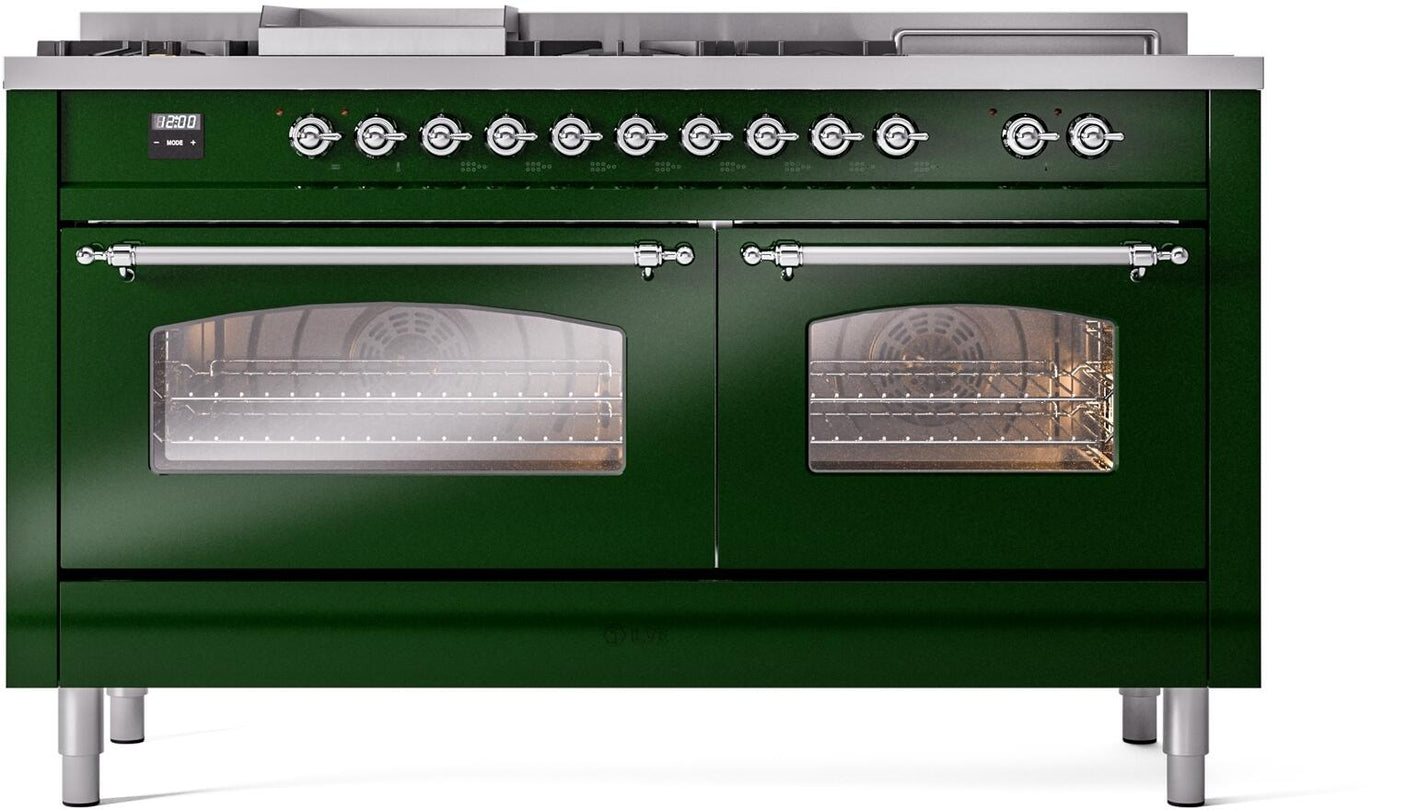 Nostalgie II 60 Inch Dual Fuel Natural Gas Freestanding Range in Emerald Green with Chrome Trim