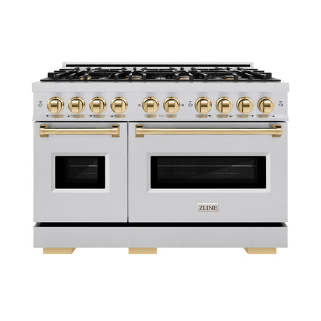 ZLINE Autograph Edition 48 in. 6.7 cu. ft. Classic Double Oven Gas Range with 8 Burner Cooktop in Stainless Steel and Polished Gold Accents (CGRZ-48-G)