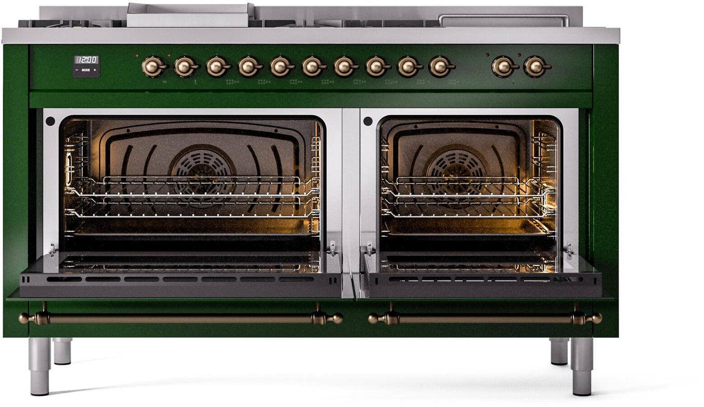 Nostalgie II 60 Inch Dual Fuel Natural Gas Freestanding Range in Emerald Green with Bronze Trim