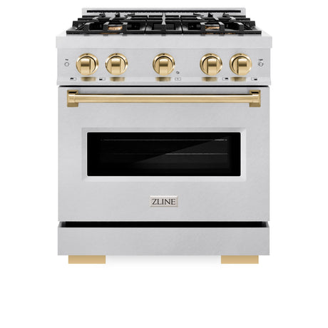 ZLINE Autograph Edition 30 in. 4.2 cu. ft. Classic Dual Fuel Range with 4 Burner Gas Cooktop and Electric Convection Oven in DuraSnow' Stainless Steel with Polished Gold Accents (CDRSZ-30-G)