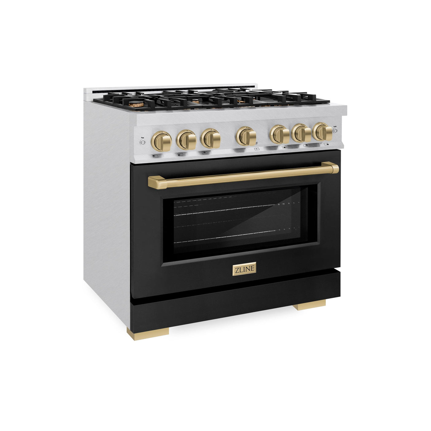 ZLINE Autograph Edition 36 in. 5.2 cu. ft. Select Dual Fuel Range with 6 Burner Gas Cooktop and Electric Convection Oven in DuraSnow' Stainless Steel with Black Matte Door and Champagne Bronze Accents (HDRSZ-BLM-36-CB)