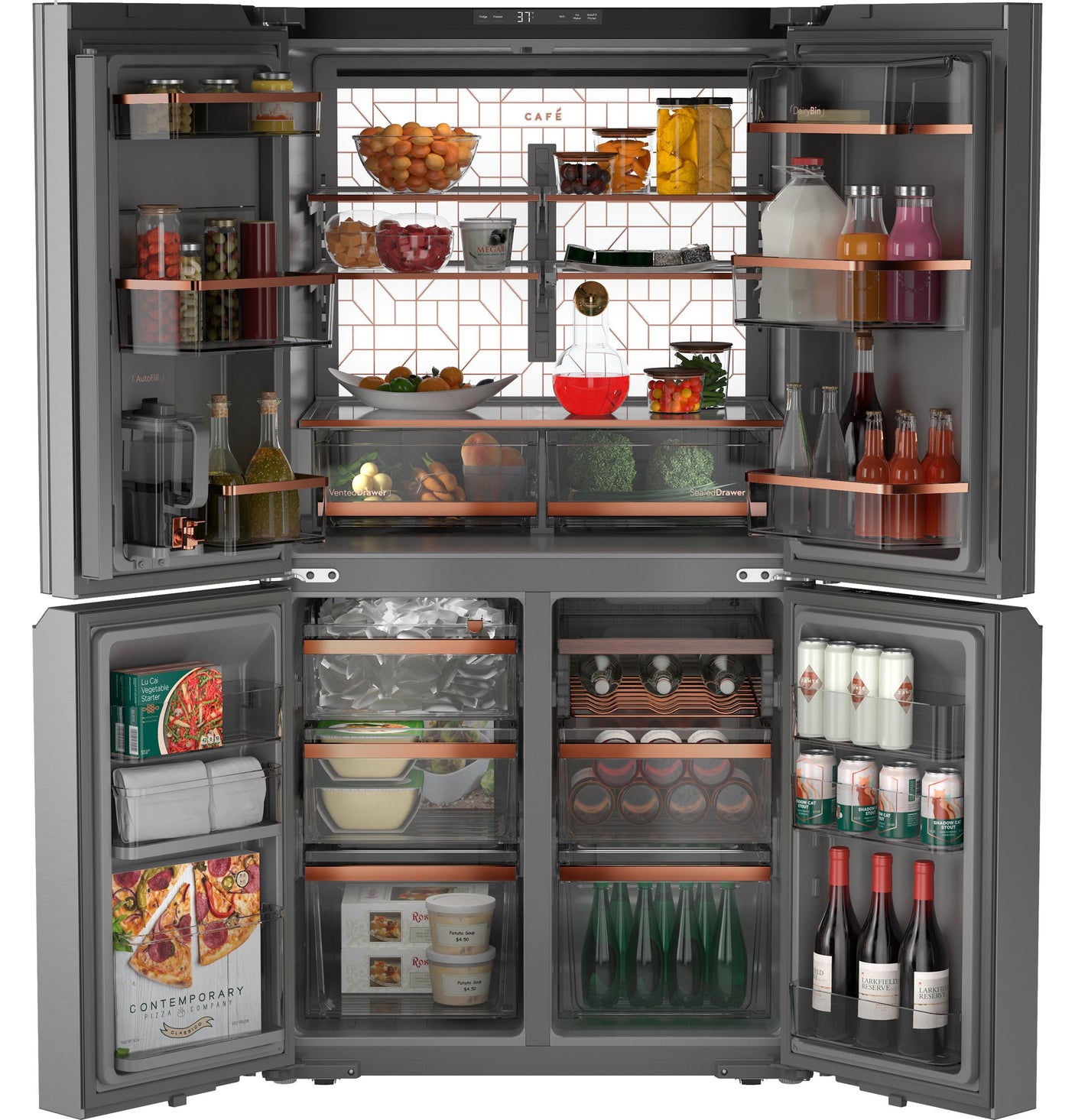 Café™ ENERGY STAR® 22.9 Cu. Ft. Smart Counter-Depth Quad-Door Refrigerator in Platinum Glass with Dual-Dispense AutoFill Pitcher