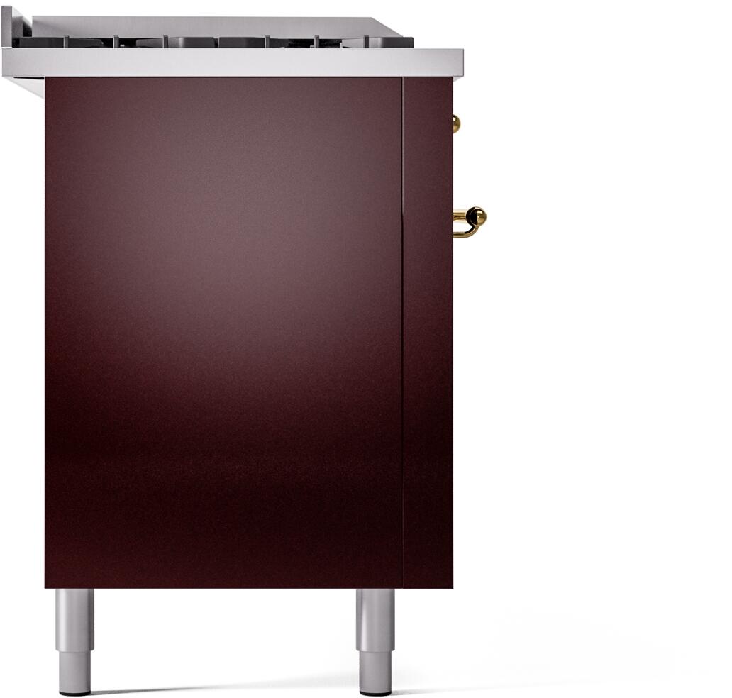 Nostalgie II 60 Inch Dual Fuel Natural Gas Freestanding Range in Burgundy with Brass Trim