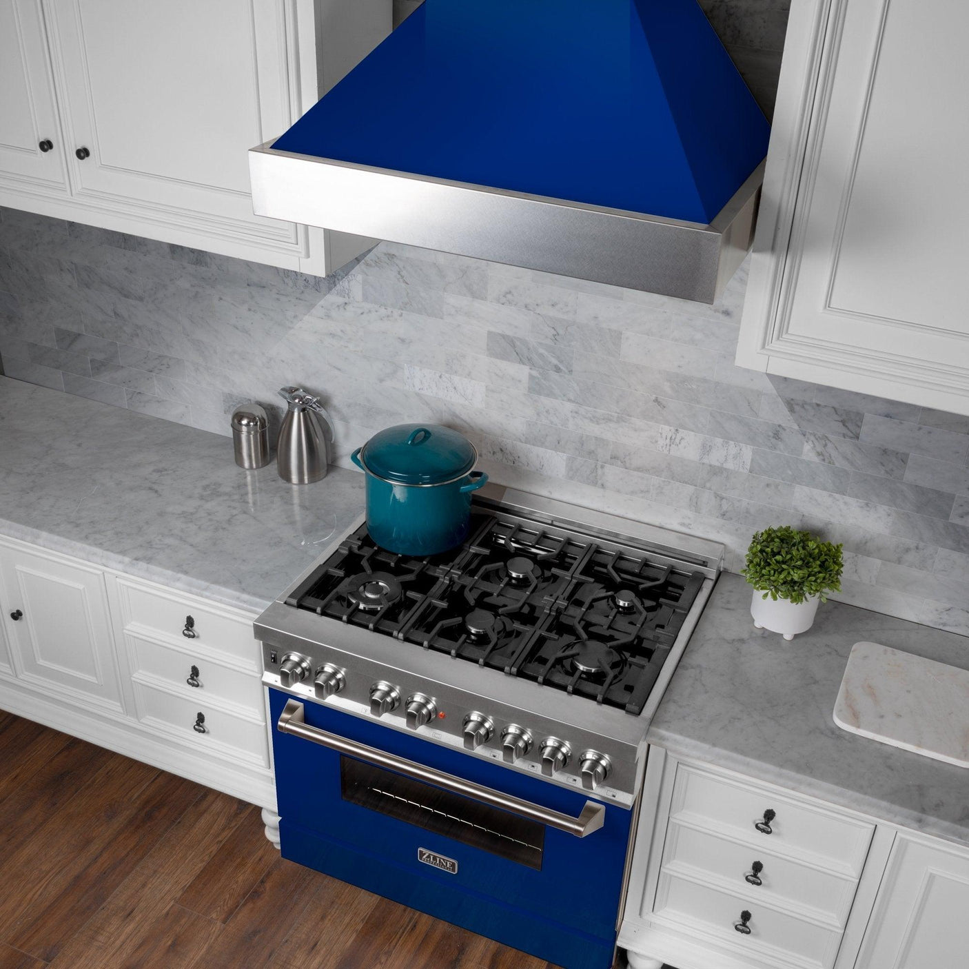 ZLINE Ducted DuraSnow Stainless Steel Range Hood with Blue Gloss Shell (8654BG)