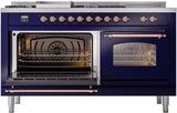 Nostalgie II 60 Inch Dual Fuel Natural Gas Freestanding Range in Blue with Copper Trim