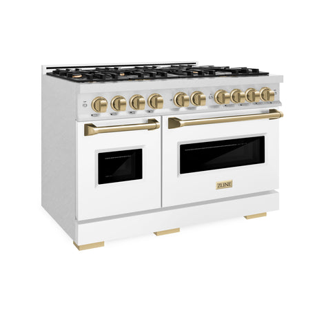 ZLINE Autograph Edition 48 in. 6.7 cu. ft. Classic Double Oven Dual Fuel Range with 8 Burner Gas Cooktop in DuraSnow' Stainless Steel with White Matte Doors and Champagne Bronze Accents (CDRSZ-WM-48-CB)