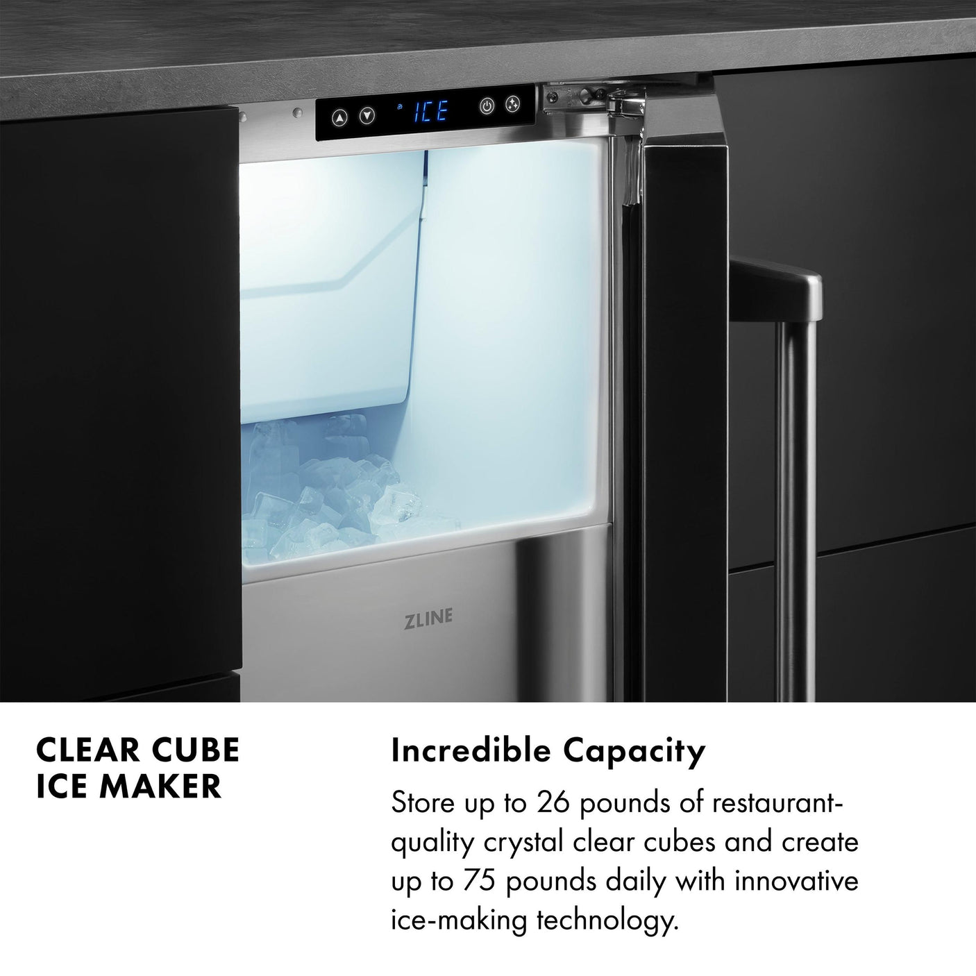 ZLINE 15 in. Touchstone Clear Cube Ice Maker with Drain Pump and Solid Stainless Steel Door (ICCD-ST-15)