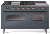 Nostalgie II 60 Inch Dual Fuel Liquid Propane Freestanding Range in Blue Grey with Copper Trim