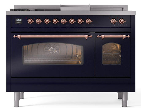 Nostalgie II 48 Inch Dual Fuel Natural Gas Freestanding Range in Blue with Copper Trim