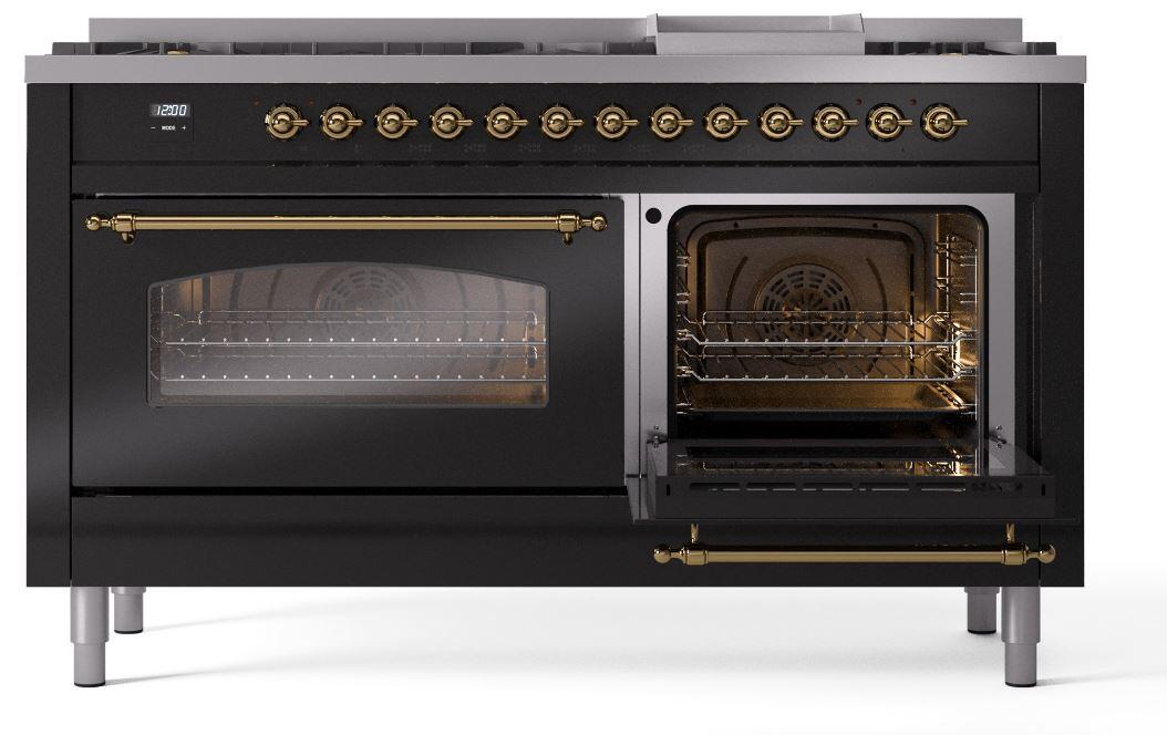 Nostalgie II 60 Inch Dual Fuel Liquid Propane Freestanding Range in Glossy Black with Brass Trim