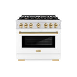 ZLINE Autograph Edition 36 in. 5.2 cu. ft. Select Dual Fuel Range with 6 Burner Gas Cooktop and Electric Convection Oven in DuraSnow' Stainless Steel with White Matte Door and Polished Gold Accents (HDRSZ-WM-36-G)