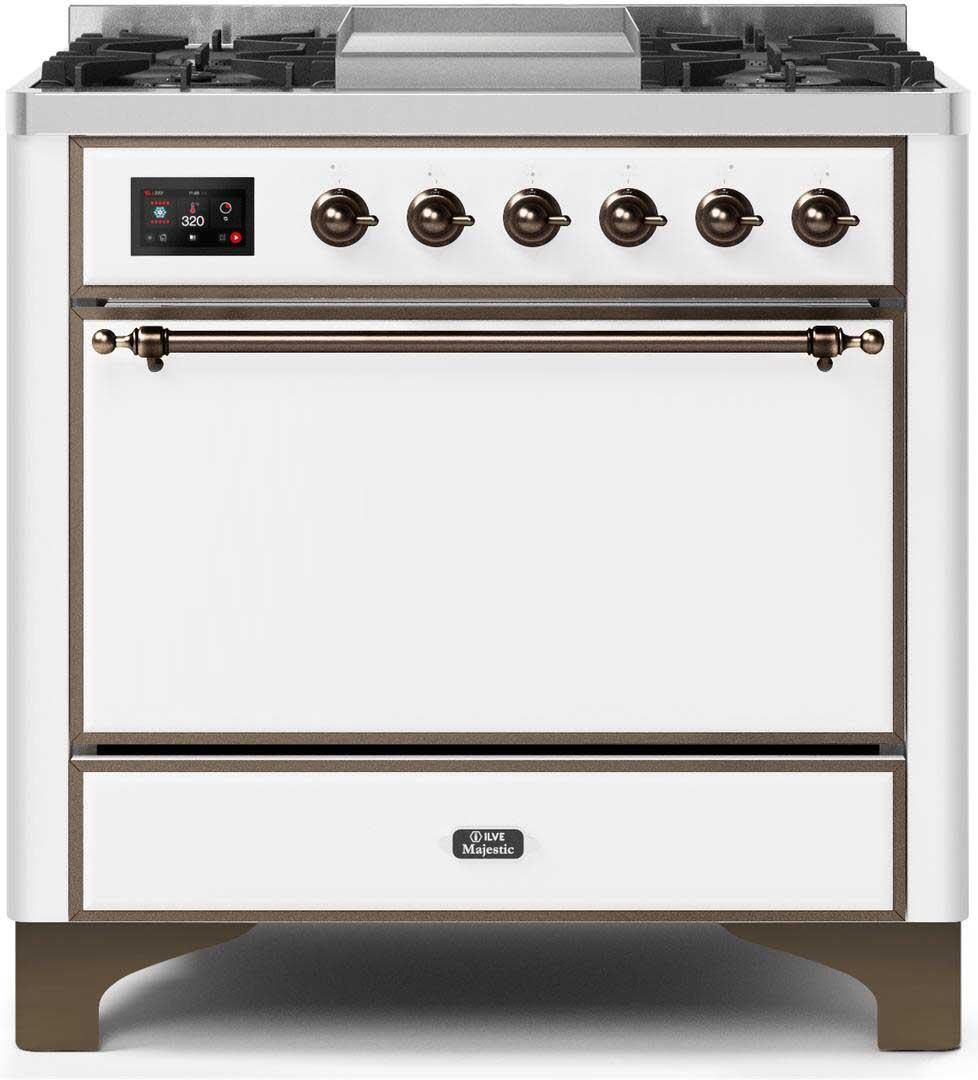 Majestic II 36 Inch Dual Fuel Natural Gas Freestanding Range in White with Bronze Trim