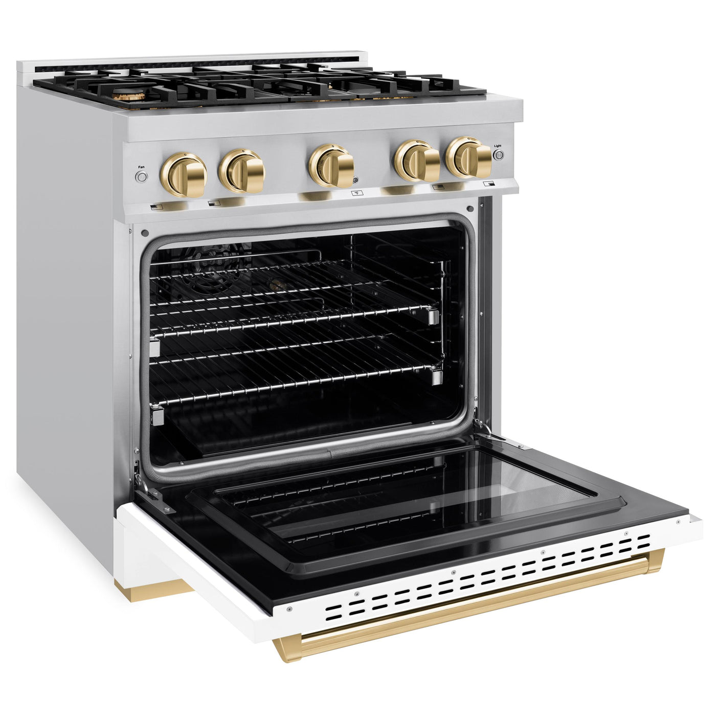 ZLINE Autograph Edition 30 in. 4.2 cu. ft. Classic Gas Range with 4 Burner Cooktop and Convection Gas Oven in DuraSnow' Stainless Steel with White Matte Door and Polished Gold Accents (CGRSZ-WM-30-G)