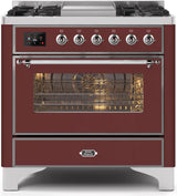 Majestic II 36 Inch Dual Fuel Liquid Propane Freestanding Range in Burgundy with Chrome Trim