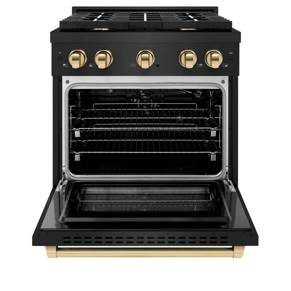 ZLINE Autograph Edition 30 in. 4.2 cu. ft. Paramount Dual Fuel Range with 4 Burner Gas Cooktop and Electric Convection Oven in Black Stainless Steel with Polished Gold Accents (SDRBZ-30-G)