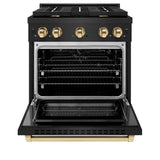 ZLINE Autograph Edition 30 in. 4.2 cu. ft. Paramount Dual Fuel Range with 4 Burner Gas Cooktop and Electric Convection Oven in Black Stainless Steel with Polished Gold Accents (SDRBZ-30-G)