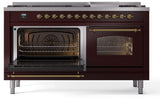 Nostalgie II 60 Inch Dual Fuel Natural Gas Freestanding Range in Burgundy with Brass Trim