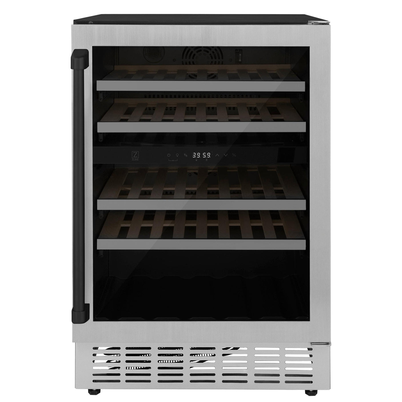 ZLINE 24" Autograph Edition Dual Zone 44-Bottle Wine Cooler in Stainless Steel with Wood Shelf and Matte Black Accents (RWVZ-UD-24-MB)