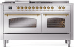 Nostalgie II 60 Inch Dual Fuel Natural Gas Freestanding Range in Stainless Steel with Brass Trim