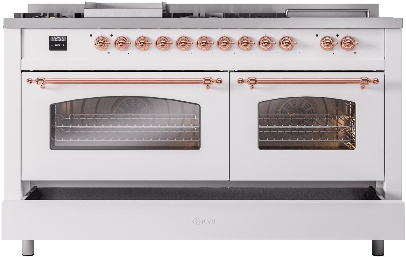 Nostalgie II 60 Inch Dual Fuel Natural Gas Freestanding Range in White with Copper Trim