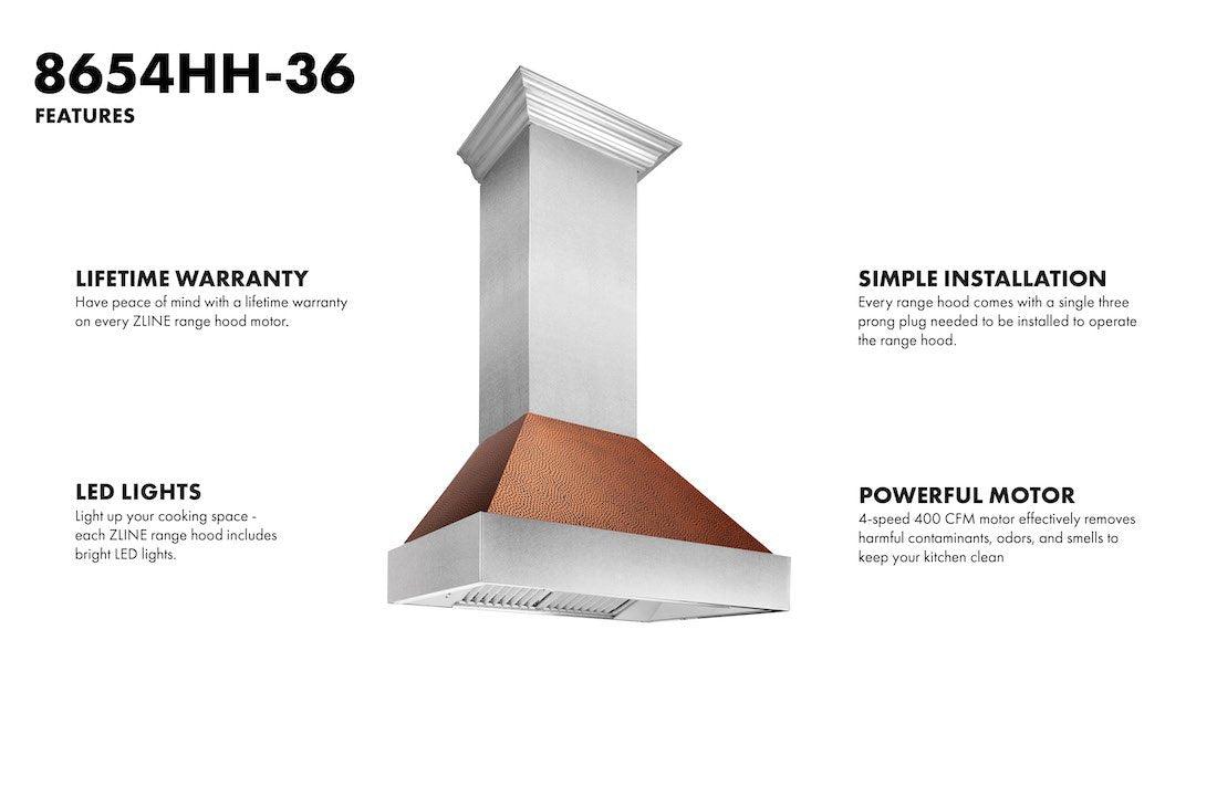 ZLINE Ducted DuraSnow Stainless Steel Range Hood with Hand-Hammered Copper Shell (8654HH)