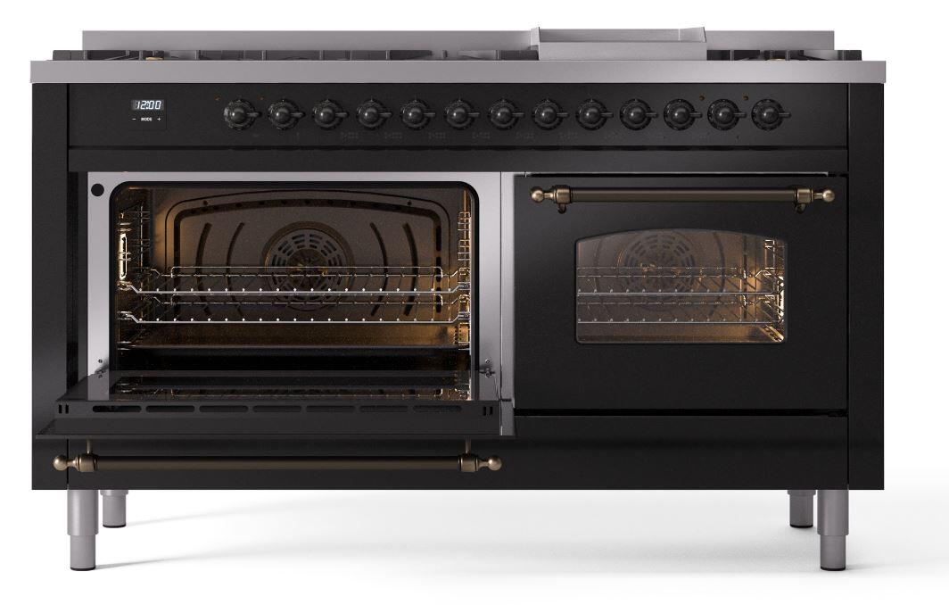 Nostalgie II 60 Inch Dual Fuel Natural Gas Freestanding Range in Glossy Black with Bronze Trim