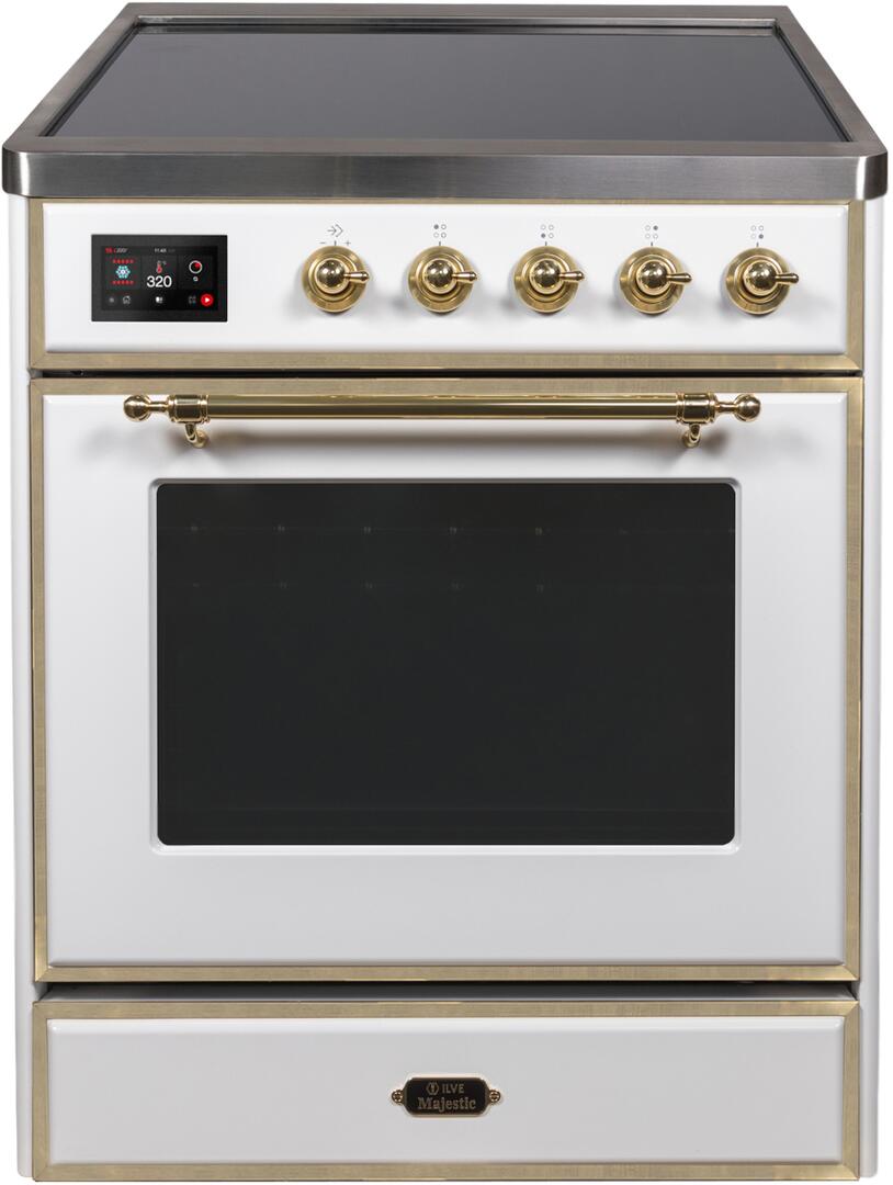 Majestic II 30 Inch Electric Freestanding Range in White with Brass Trim