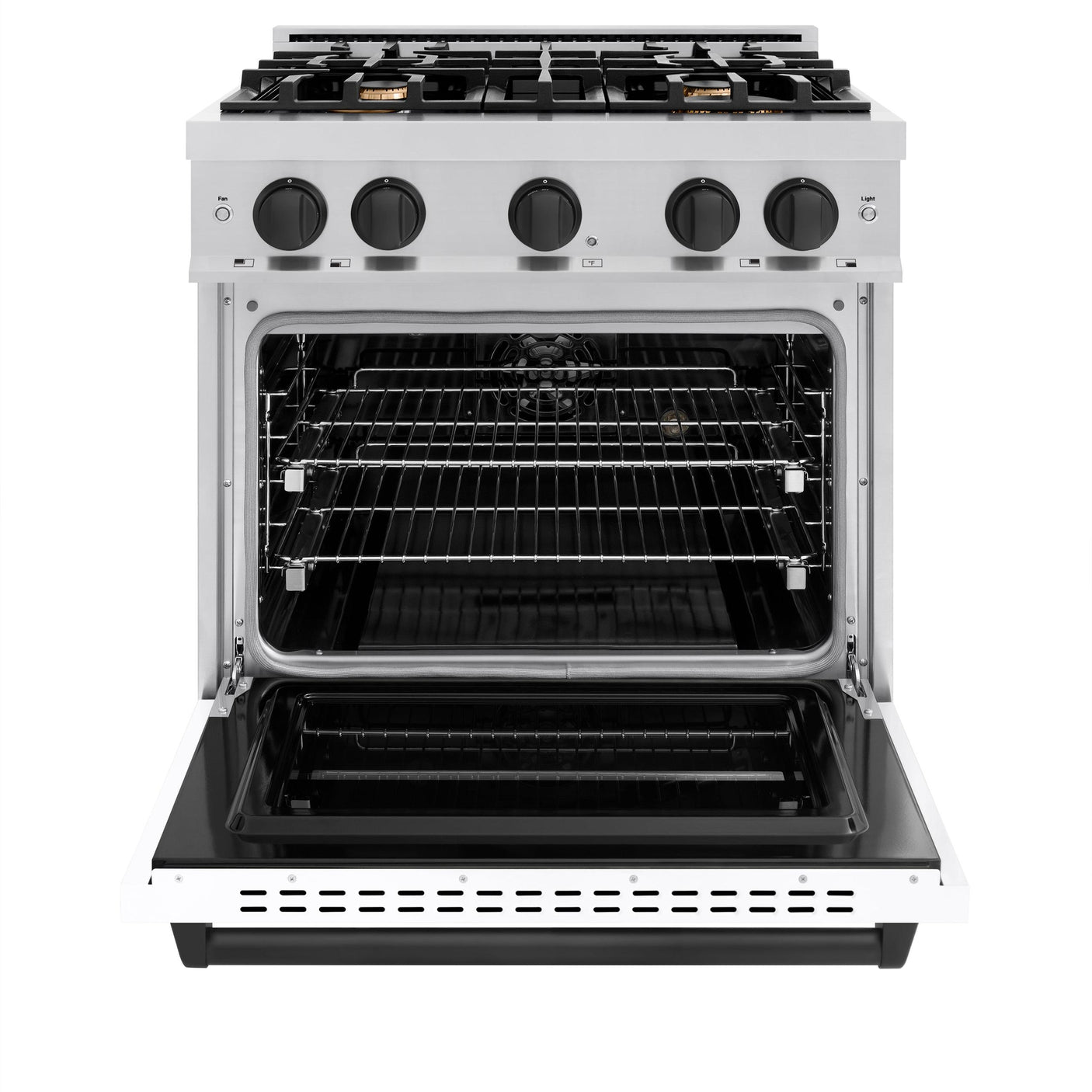 ZLINE Autograph Edition 30 in. 4.2 cu. ft. Classic Dual Fuel Range with 4 Burner Gas Cooktop and Electric Convection Oven in Stainless Steel with White Matte Door and Matte Black Accents (CDRZ-WM-30-MB)