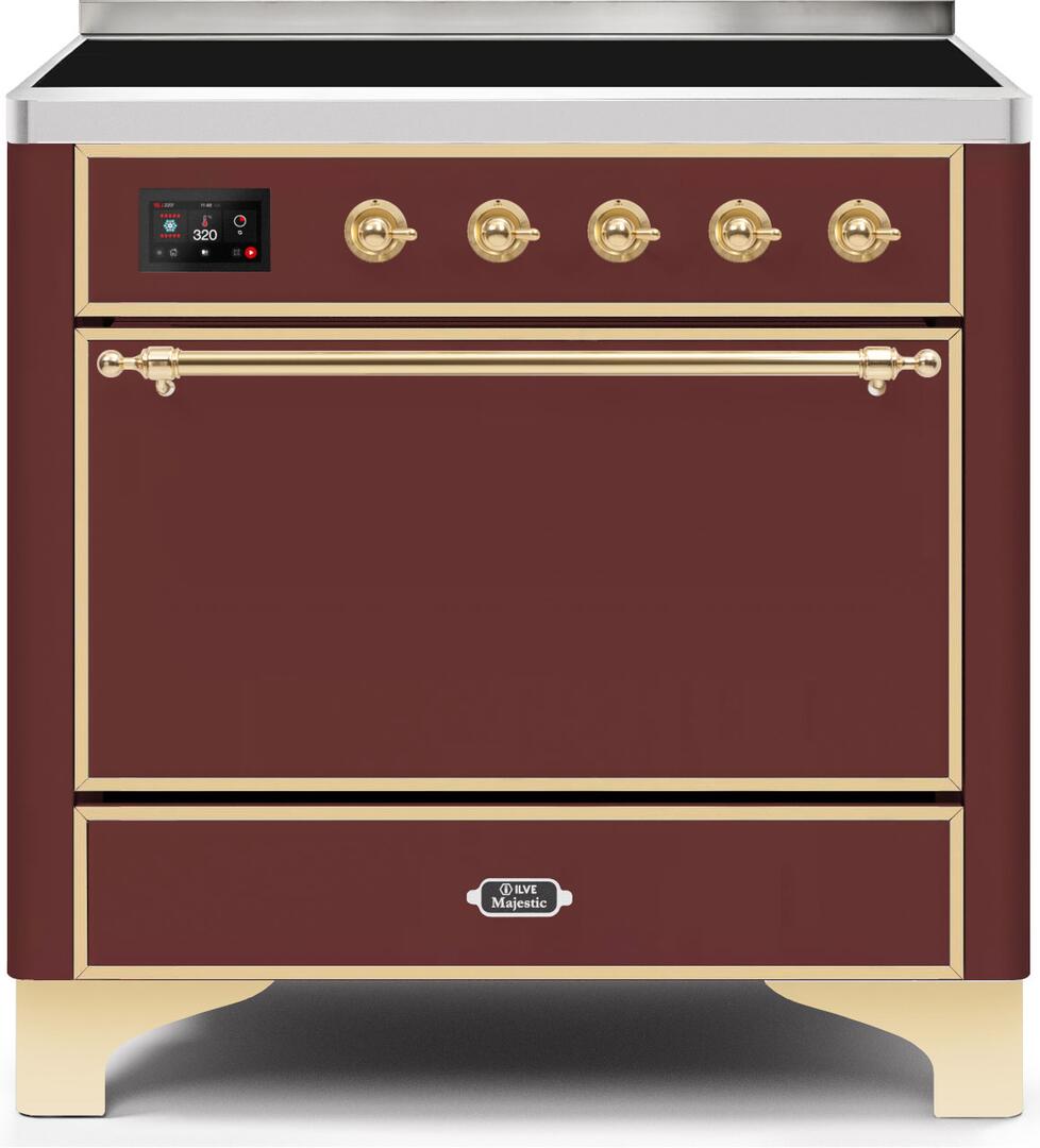 Majestic II 36 Inch Electric Freestanding Range in Burgundy with Brass Trim