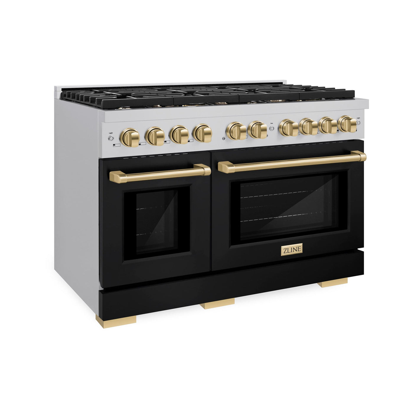 ZLINE Autograph Edition 48 in. 6.7 cu. ft. Paramount Double Oven Gas Range with 8 Burner Cooktop in Stainless Steel with Black Matte Doors and Polished Gold Accents (SGRZ-BLM-48-G)