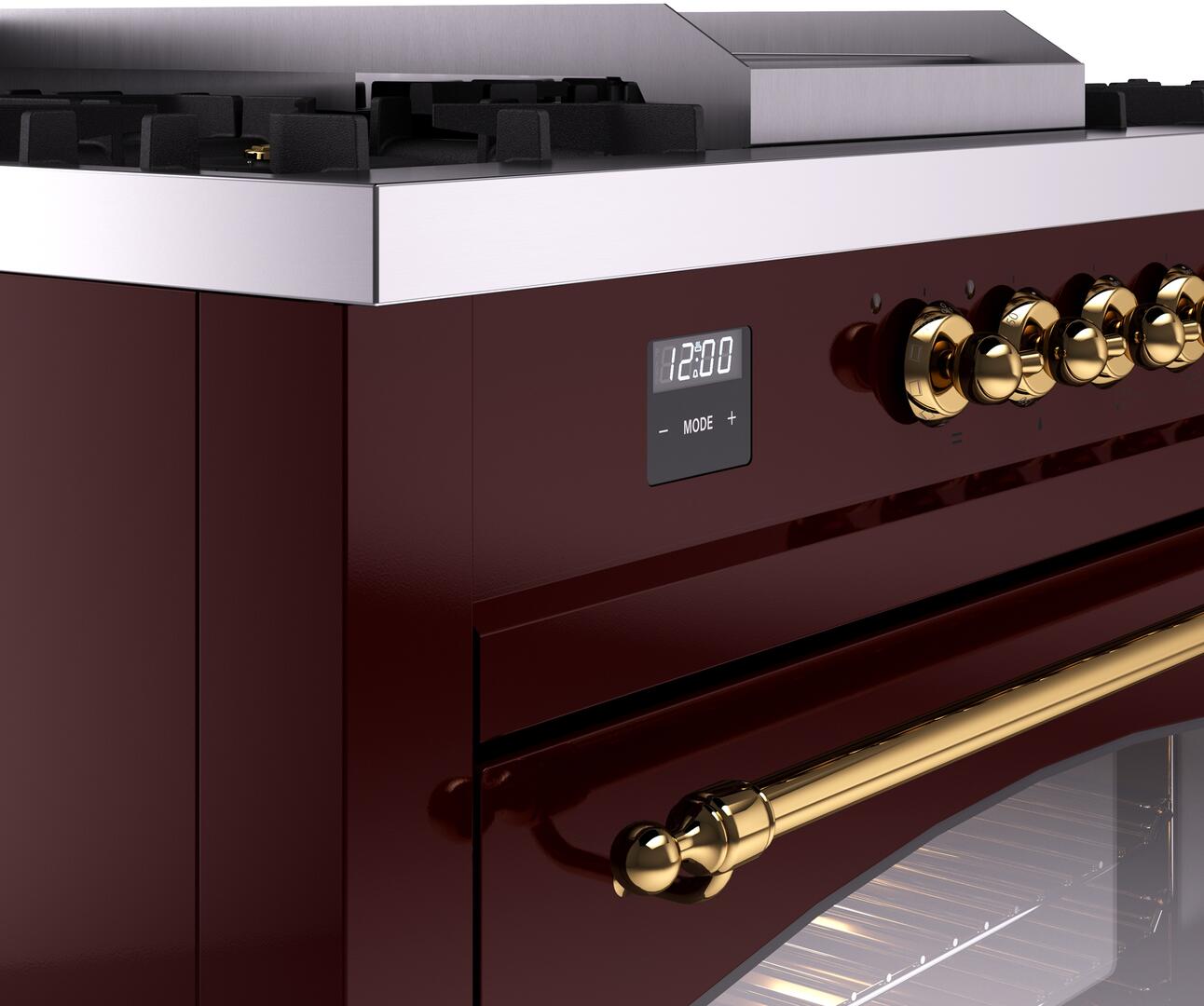 Nostalgie II 60 Inch Dual Fuel Natural Gas Freestanding Range in Burgundy with Brass Trim