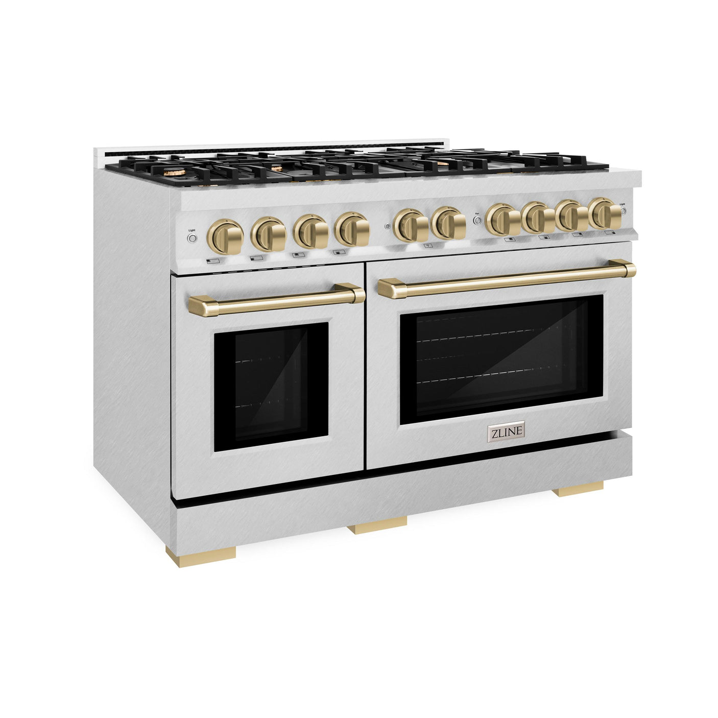 ZLINE Autograph Edition 48 in. 6.7 cu. ft. Select Double Oven Dual Fuel Range with 8 Burner Gas Cooktop in DuraSnow' Stainless Steel and Champagne Bronze Accents (HDRSZ-48-CB)