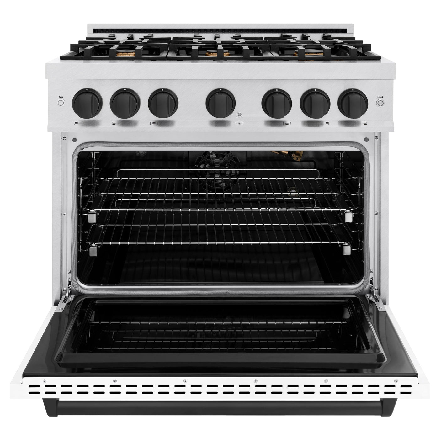 ZLINE Autograph Edition 36 in. 5.2 cu. ft. Classic Gas Range with 6 Burner Cooktop and Convection Gas Oven in DuraSnow' Stainless Steel with White Matte Door and Matte Black Accents (CGRSZ-WM-36-MB)