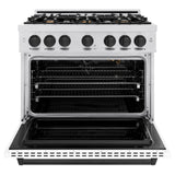 ZLINE Autograph Edition 36 in. 5.2 cu. ft. Classic Gas Range with 6 Burner Cooktop and Convection Gas Oven in DuraSnow' Stainless Steel with White Matte Door and Matte Black Accents (CGRSZ-WM-36-MB)