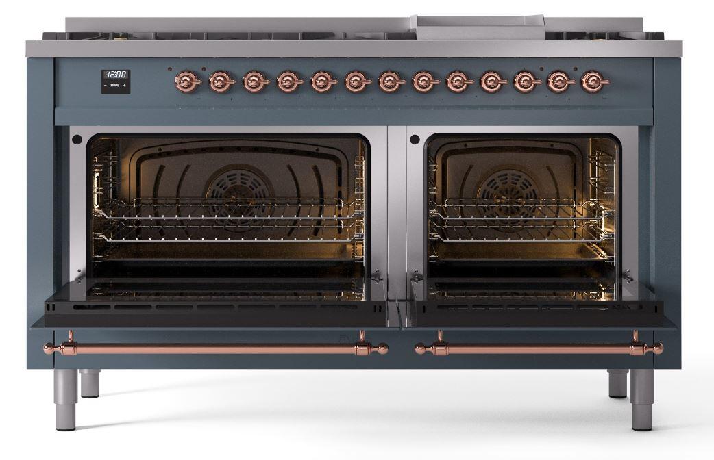 Nostalgie II 60 Inch Dual Fuel Liquid Propane Freestanding Range in Blue Grey with Copper Trim