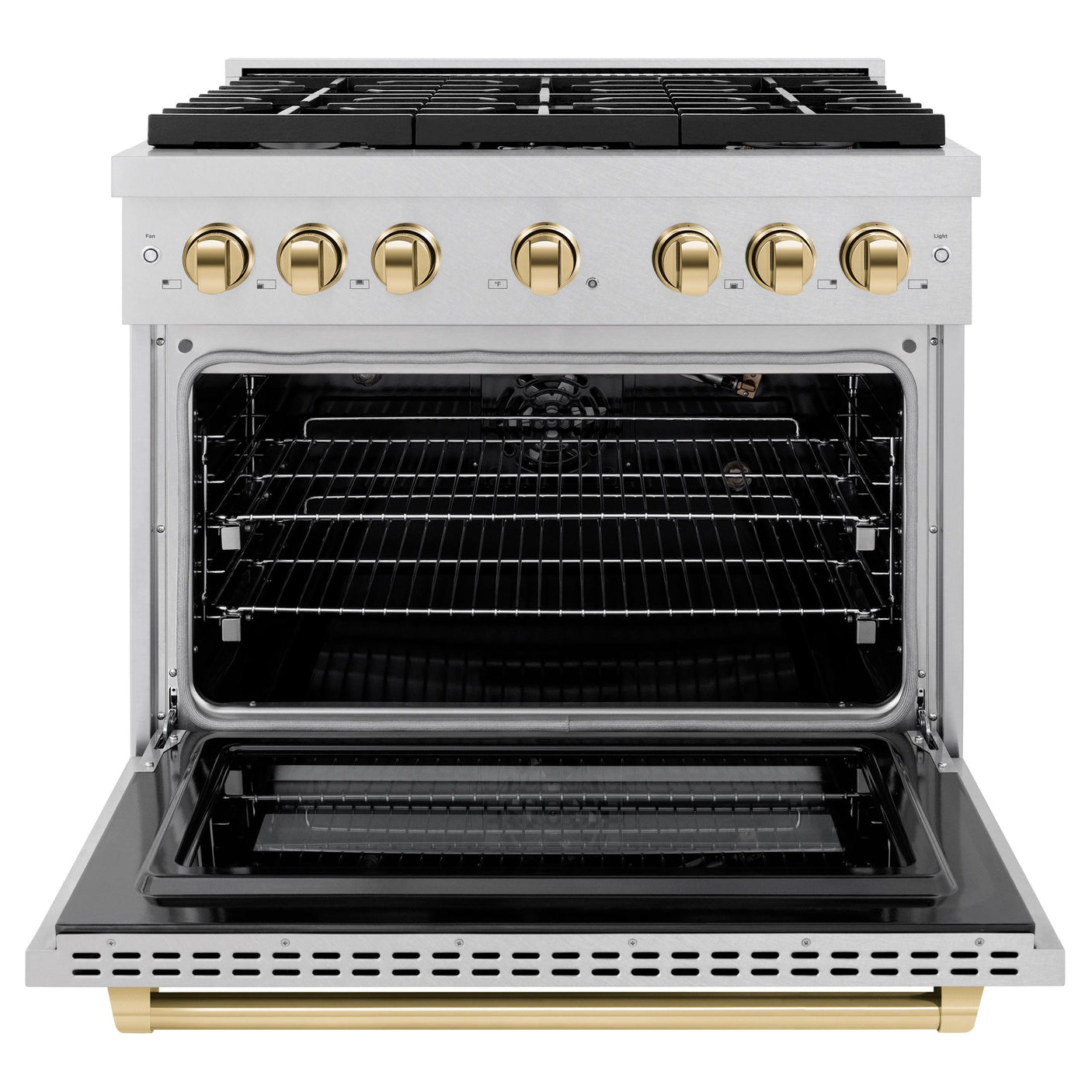 ZLINE Autograph Edition 36 in. 5.2 cu. ft. 6 Burner Gas Range with Convection Gas Oven in DuraSnow' Stainless Steel and Polished Gold Accents (SGRSZ-36-G)