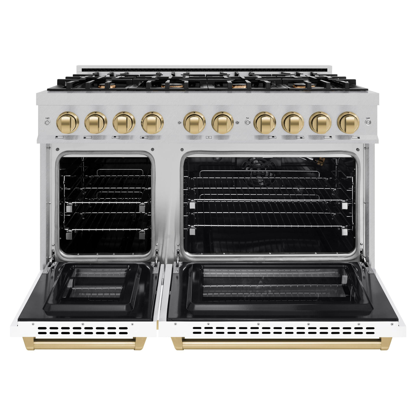 ZLINE Autograph Edition 48 in. 6.7 cu. ft. Select Double Oven Gas Range with 8 Burner Cooktop in DuraSnow' Stainless Steel with White Matte Doors and Champagne Bronze Accents (HGRSZ-WM-48-CB)