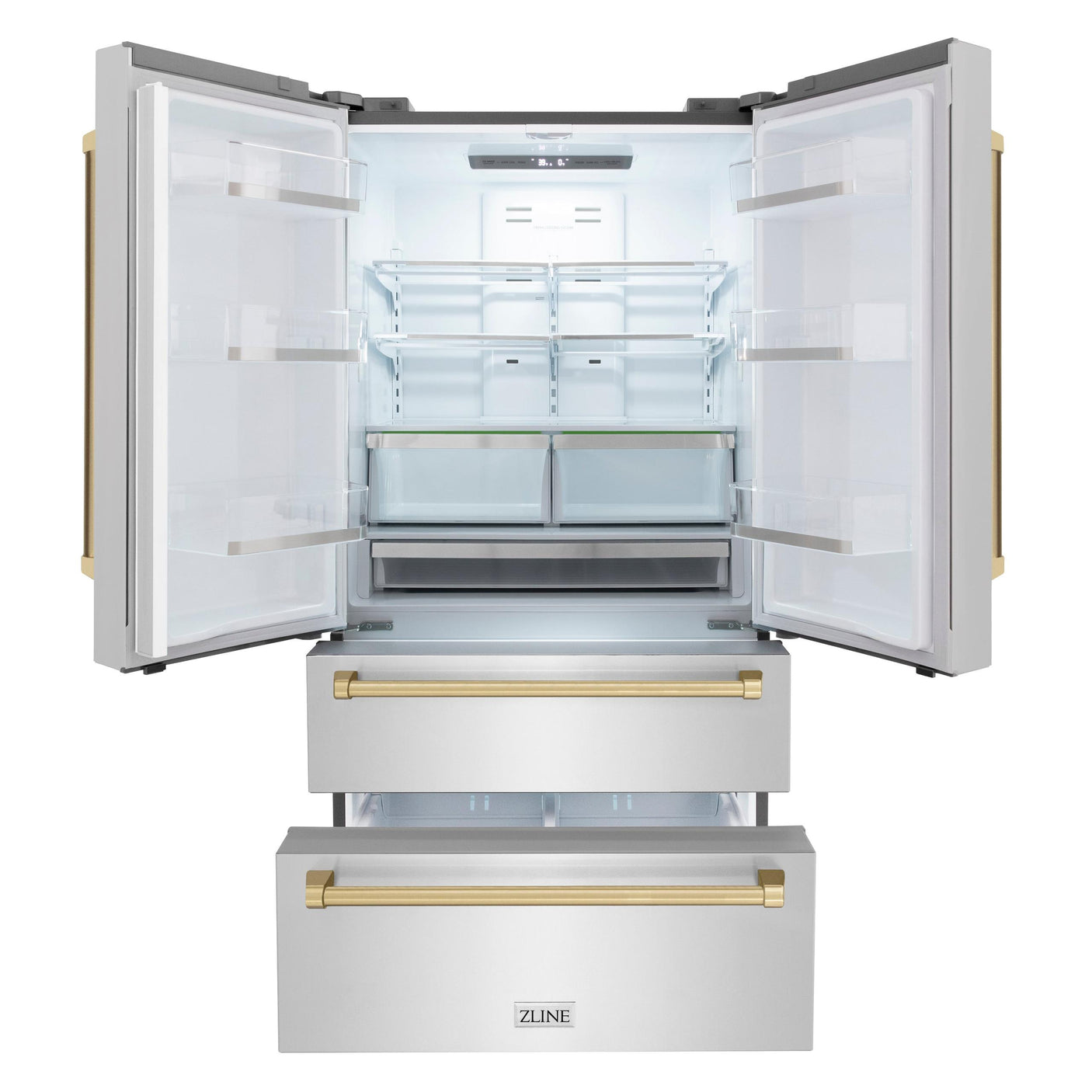 ZLINE 36" Autograph Edition 22.5 cu. ft Freestanding French Door Refrigerator with Ice Maker in Fingerprint Resistant Stainless Steel with Accents (RFMZ-36) [Color: Gold Accents]