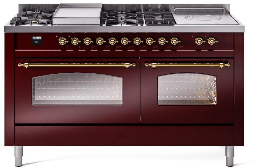 Nostalgie II 60 Inch Dual Fuel Liquid Propane Freestanding Range in Burgundy with Brass Trim