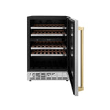 ZLINE 24" Autograph Edition Dual Zone 44-Bottle Wine Cooler in Stainless Steel with Wood Shelf and Champagne Bronze Accents (RWVZ-UD-24-CB)