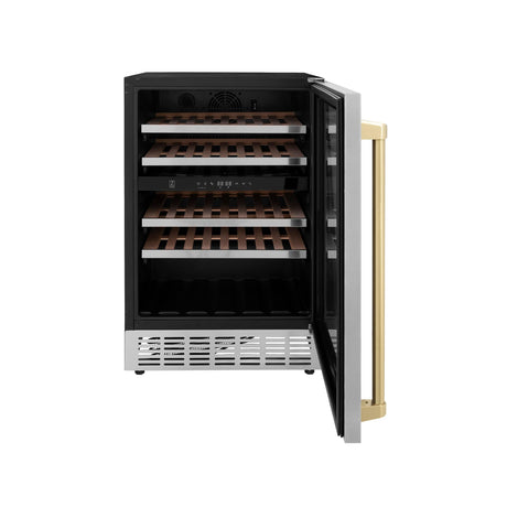 ZLINE 24" Autograph Edition Dual Zone 44-Bottle Wine Cooler in Stainless Steel with Wood Shelf and Champagne Bronze Accents (RWVZ-UD-24-CB)