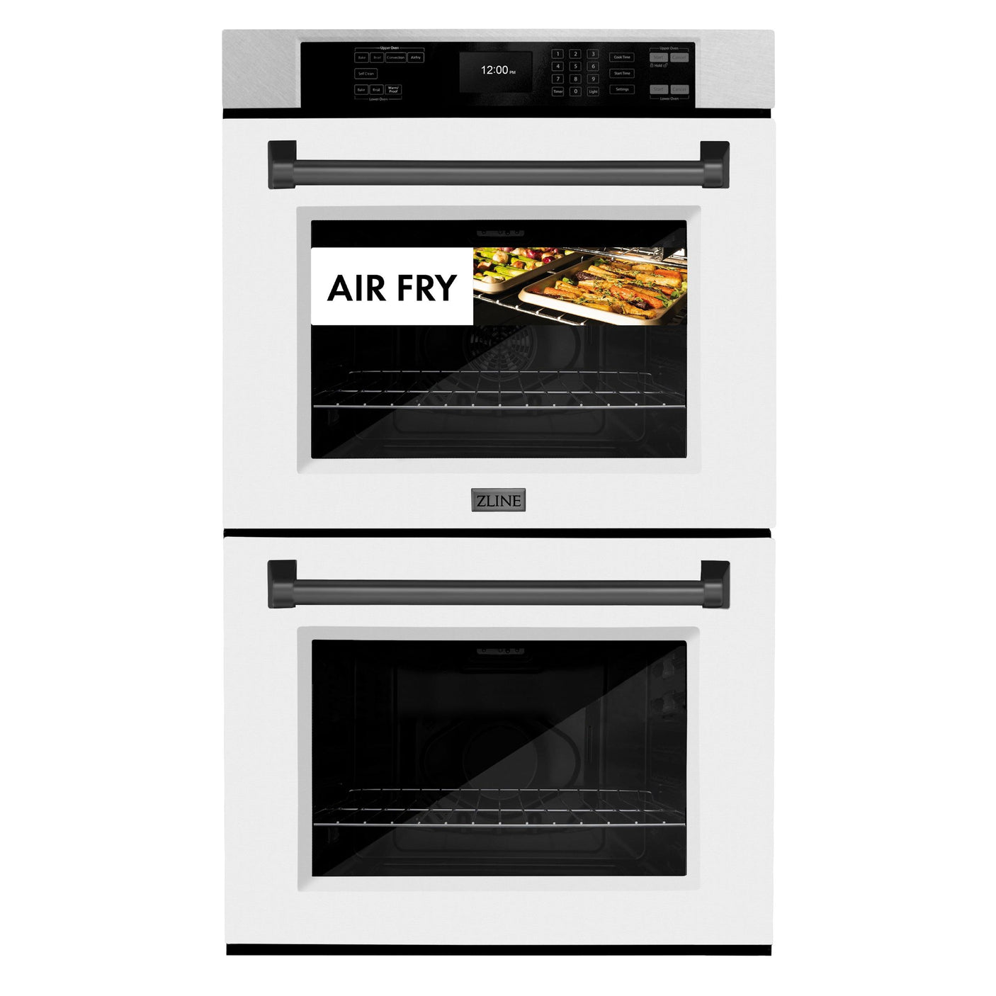 ZLINE 30 in. Autograph Edition Professional True Convection Double Wall Oven with Air Fry and Self Clean in DuraSnow' Stainless Steel with White Matte Doors and Matte Black Handles (WADSZ-WM-30-MB)