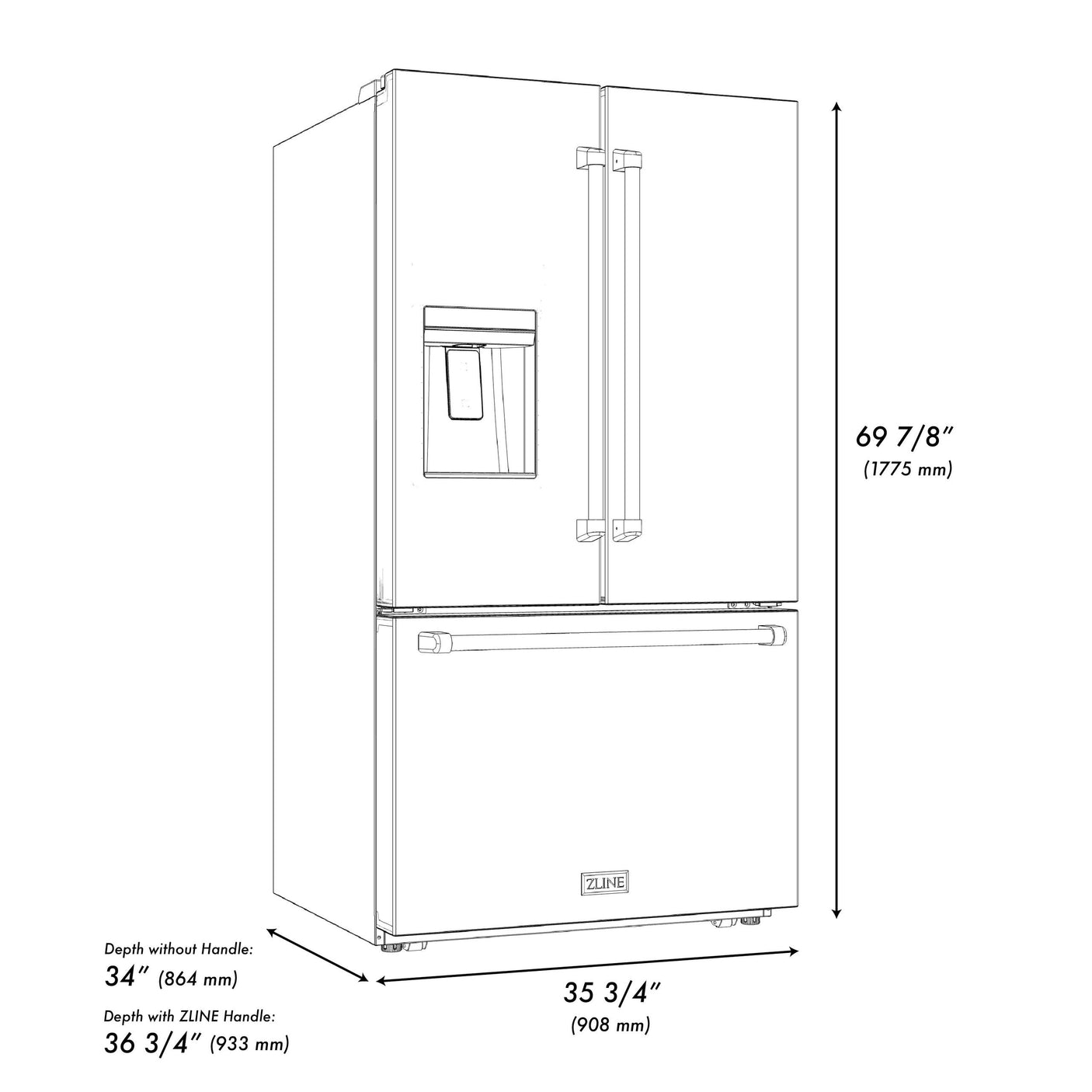 ZLINE Autograph Edition 36 in. 28.9 cu. ft. Standard-Depth French Door External Water Dispenser Refrigerator with Dual Ice Maker in Fingerprint Resistant Stainless Steel and Champagne Bronze Traditional Handles (RSMZ-W-36-CB)