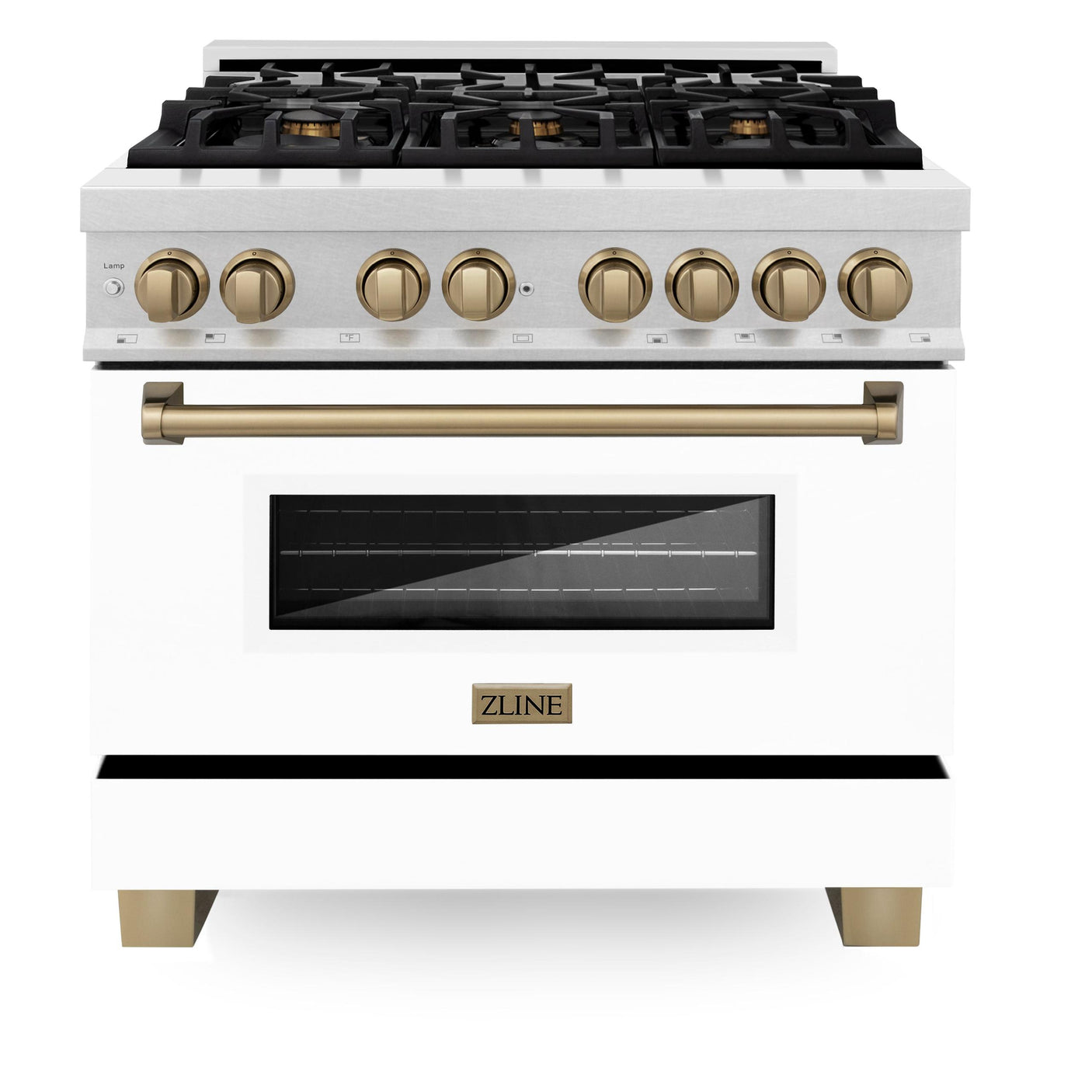 ZLINE Autograph Edition 36" 4.6 cu. ft. Dual Fuel Range with Gas Stove and Electric Oven in DuraSnow Stainless Steel with White Matte Door and Accents (RASZ-WM-36) [Color: Champagne Bronze]