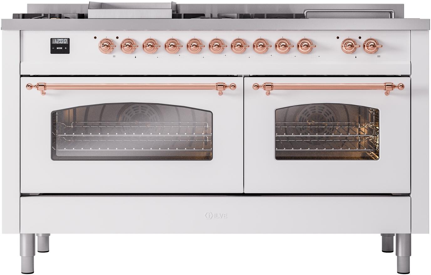 Nostalgie II 60 Inch Dual Fuel Liquid Propane Freestanding Range in White with Copper Trim