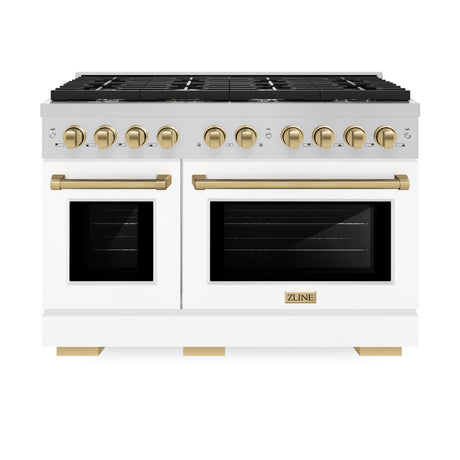 ZLINE Autograph Edition 48 in. 6.7 cu. ft. 8 Burner Double Oven Gas Range in Stainless Steel with White Matte Doors and Champagne Bronze Accents (SGRZ-WM-48-CB)