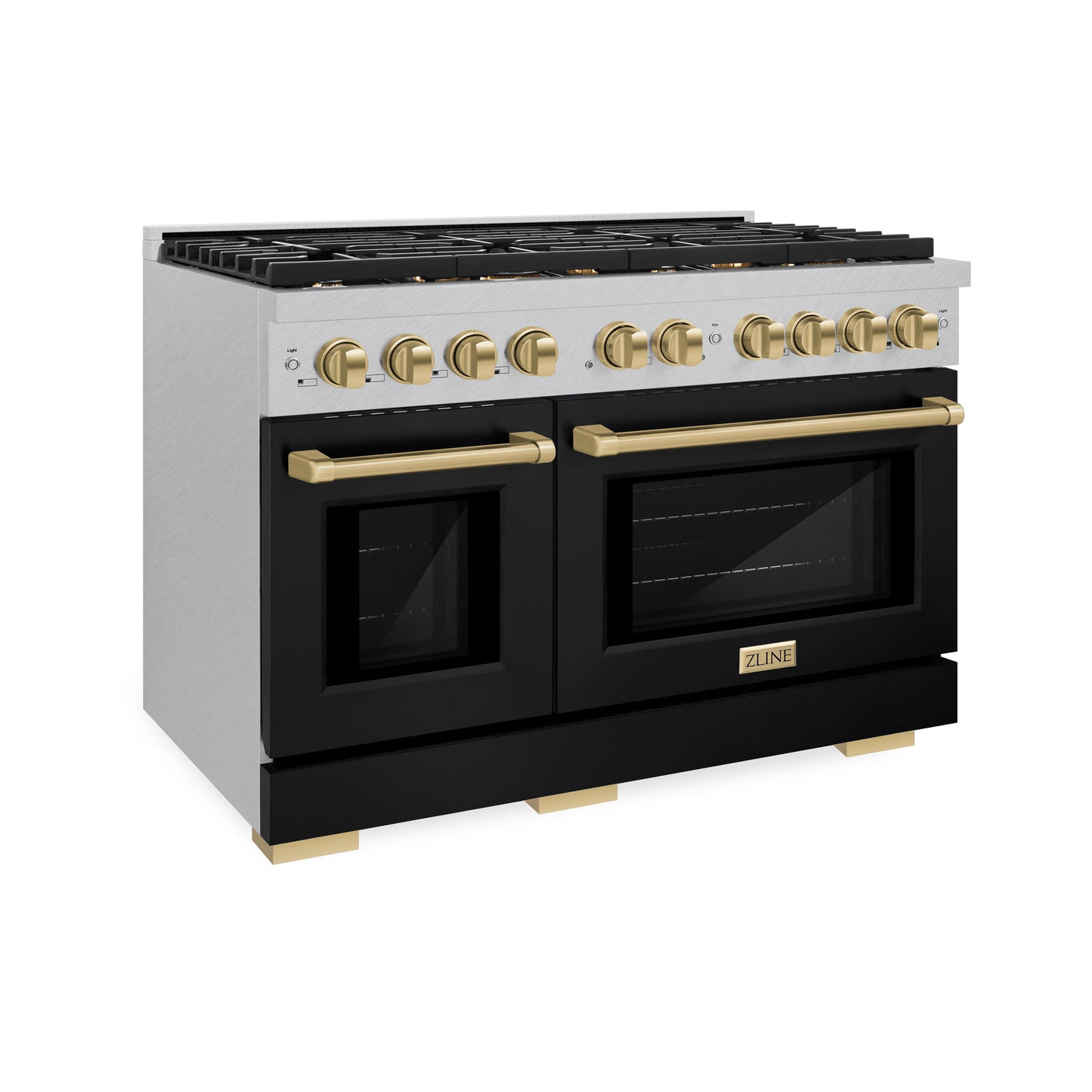 ZLINE Autograph Edition 48 in. 6.7 cu. ft. Paramount Double Oven Gas Range with 8 Burner Cooktop in DuraSnow' Stainless Steel with Black Matte Doors and Champagne Bronze Accents (SGRSZ-BLM-48-CB)