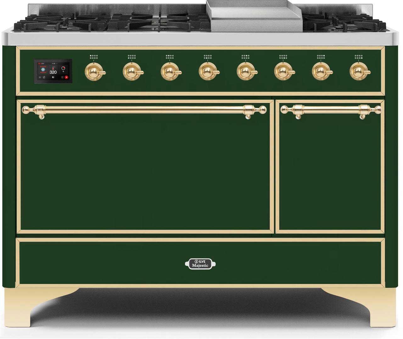 Majestic II 48 Inch Dual Fuel Natural Gas Freestanding Range in Emerald Green with Brass Trim